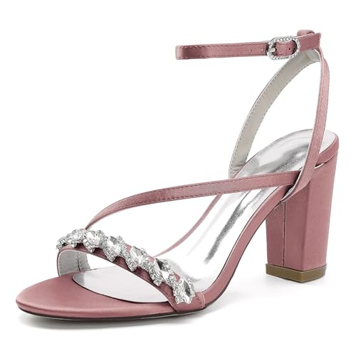HFWXYSA Damen Slingback Hochzeitsschuhe Pumps Mit Blockabsatz Offener Zehen Satin Strass Knöchelriemen Brautjungfer Sandalen,Rosa,38 EU von HFWXYSA