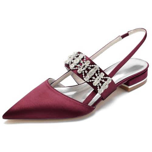 HFWXYSA Damen Slingback Pumps Knöchelriemen Hochzeitsschuhe Spitze Zehen Satin Strass Party Brautschuhe,Burgundy,38 EU von HFWXYSA