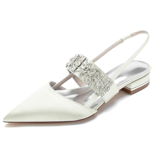 HFWXYSA Damen Slingback Pumps Knöchelriemen Hochzeitsschuhe Spitze Zehen Satin Strass Party Brautschuhe,Elfenbein,37 EU von HFWXYSA