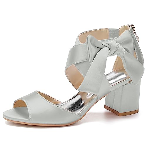 HFWXYSA Damen Sommer Peep Zehensandalen Knöchelriemen Pumps Satin Blockabsatz Brautschuhe,Silber,40 EU von HFWXYSA