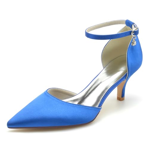 HFWXYSA Damen Spitze Zehen Brautschuhe 6 cm Stiletto Mid Heel Satin Pumps Strass Knöchelriemen Sandalen Hochzeitsschuhe,Blau,36 EU von HFWXYSA