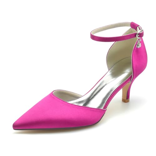 HFWXYSA Damen Spitze Zehen Brautschuhe 6 cm Stiletto Mid Heel Satin Pumps Strass Knöchelriemen Sandalen Hochzeitsschuhe,Fuchsia,41 EU von HFWXYSA