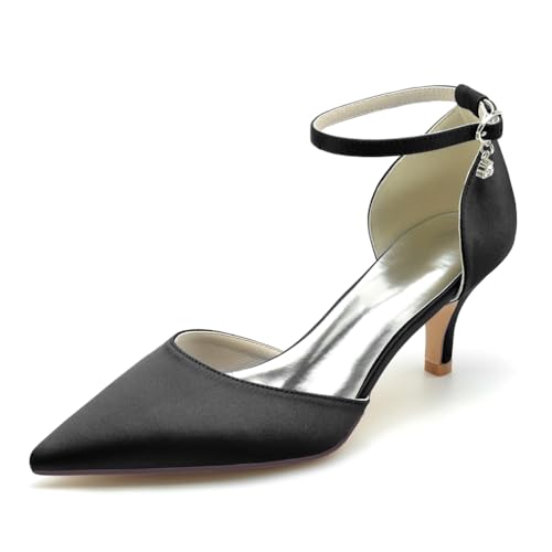 HFWXYSA Damen Spitze Zehen Brautschuhe 6 cm Stiletto Mid Heel Satin Pumps Strass Knöchelriemen Sandalen Hochzeitsschuhe,Schwarz,37 EU von HFWXYSA