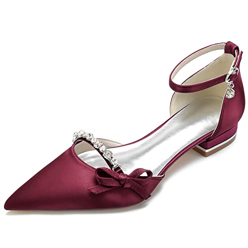 HFWXYSA Damen Spitze Zehen Pumps Satin Brautschuhe Für Braut Flache Schuhe Knöchelriemen Brautschuhe Formell Abschlussball Party Kleid Pumps,Burgundy,37 EU von HFWXYSA