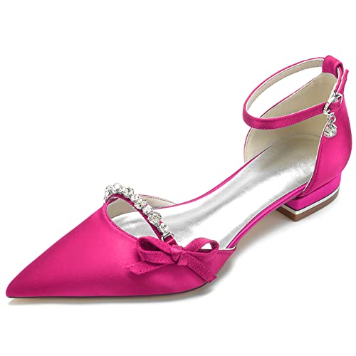 HFWXYSA Damen Spitze Zehen Pumps Satin Brautschuhe Für Braut Flache Schuhe Knöchelriemen Brautschuhe Formell Abschlussball Party Kleid Pumps,Fuchsia,42 EU von HFWXYSA