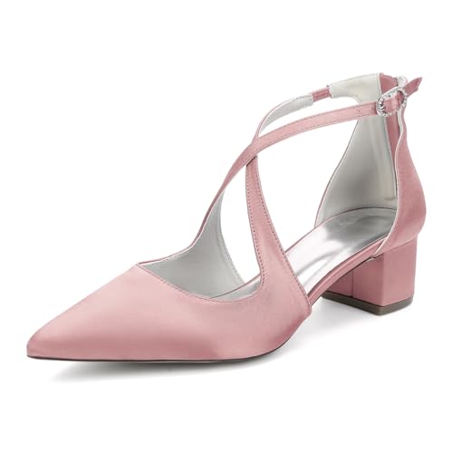 HFWXYSA Damen Weiß Hochzeit Pumps Mit Blockabsatz 4.5cm Spitze Zehen Kreuz Riemchen Brautschuhe Ballschuhe,Rosa,37 EU von HFWXYSA