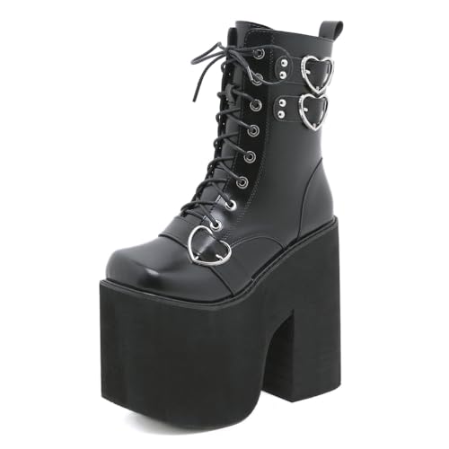 HFWXYSA Damen Winter Schwarz Gothic Punk Combat Plateau Stiefel Blockabsatz High Heels Zipper Creeper Wedges Mid Calf Schnürstiefel,Schwarz,38 EU von HFWXYSA