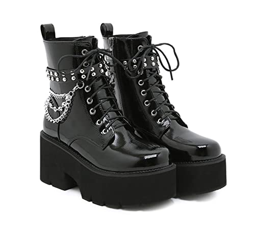 HFWXYSA Damen Winter Schwarz Gothic Punk Plateau Stiefel Goth Schnalle Zipper Creeper Wedges Mid Calf Schuhe,Schwarz,43 EU von HFWXYSA