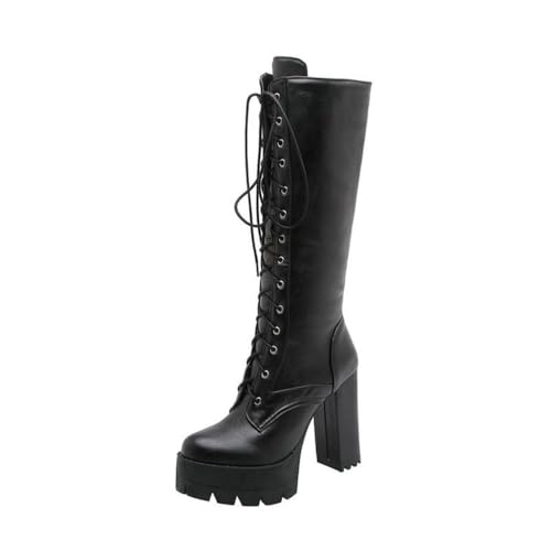 HFWXYSA Elegant Round Toe Block Heel Zipper Lace-Up High Heel with 11 cm Easy Walikng Knee-High Boots for Women Combat Knie High Boots,Schwarz,37 EU von HFWXYSA