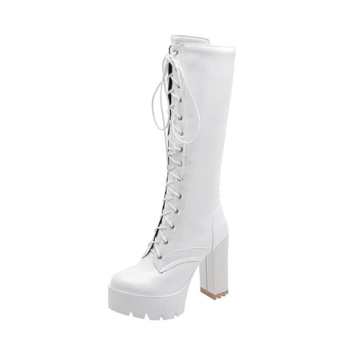 HFWXYSA Elegant Round Toe Block Heel Zipper Lace-Up High Heel with 11 cm Easy Walikng Knee-High Boots for Women Combat Knie High Boots,Weiß,37 EU von HFWXYSA