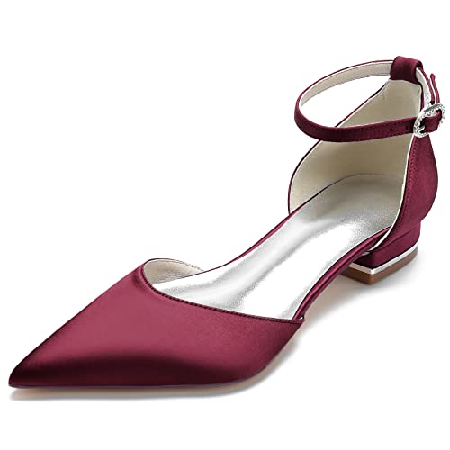 HFWXYSA Flach Satin Schuhe für Hochzeit Braut Partei Abendschuhe Hochzeitsschuhe Brautschuhe,Burgundy,38 EU von HFWXYSA