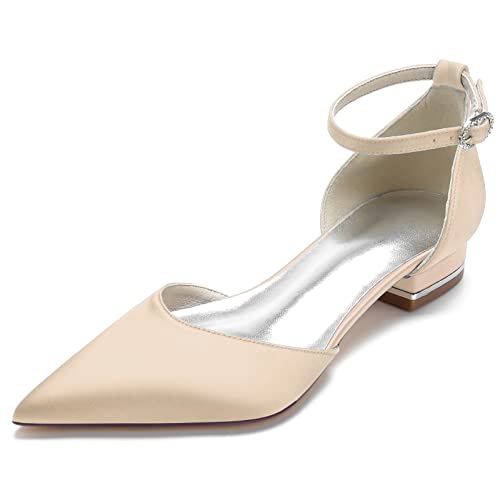 HFWXYSA Flach Satin Schuhe für Hochzeit Braut Partei Abendschuhe Hochzeitsschuhe Brautschuhe,Champagne,39 EU von HFWXYSA