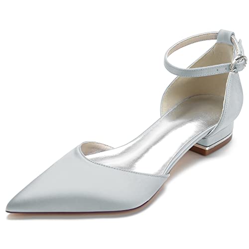 HFWXYSA Flach Satin Schuhe für Hochzeit Braut Partei Abendschuhe Hochzeitsschuhe Brautschuhe,Silber,37 EU von HFWXYSA