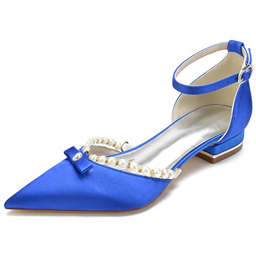 HFWXYSA Flache Damenschuhe Mit Knöchelriemen, Elegante Spitze Zehenpartie, Flache Schuhe Für Die Arbeit,Blau,42 EU von HFWXYSA
