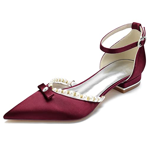 HFWXYSA Flache Damenschuhe Mit Knöchelriemen, Elegante Spitze Zehenpartie, Flache Schuhe Für Die Arbeit,Burgundy,40 EU von HFWXYSA