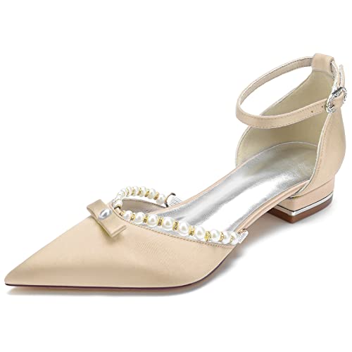 HFWXYSA Flache Damenschuhe Mit Knöchelriemen, Elegante Spitze Zehenpartie, Flache Schuhe Für Die Arbeit,Champagne,41 EU von HFWXYSA