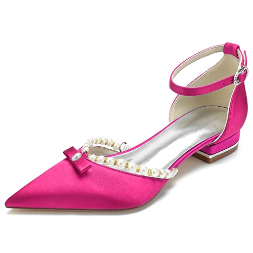 HFWXYSA Flache Damenschuhe Mit Knöchelriemen, Elegante Spitze Zehenpartie, Flache Schuhe Für Die Arbeit,Fuchsia,37 EU von HFWXYSA