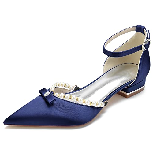 HFWXYSA Flache Damenschuhe Mit Knöchelriemen, Elegante Spitze Zehenpartie, Flache Schuhe Für Die Arbeit,Marine,40 EU von HFWXYSA
