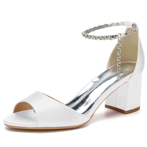 HFWXYSA Frauen Blockabsatz Brautschuhe Knöchelriemen Pumps Offene Zehen Satin Hochzeitsschuhe Abend Party Schuhe,Weiß,39 EU von HFWXYSA