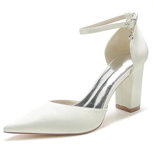 HFWXYSA Frauen Blockabsatz Brautschuhe Knöchelriemen Pumps Spitze Zehen Satin Party Abend Hochzeitsschuhe,Elfenbein,39 EU von HFWXYSA