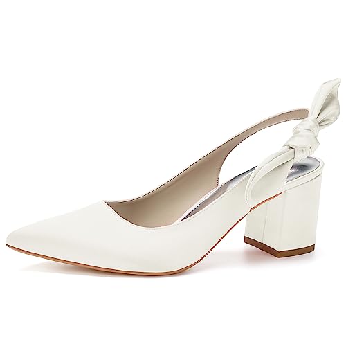 HFWXYSA Frauen Brautschuhe Mit Blockabsatz 6Cm Spitz Zehen Satin Slingback Hochzeitsschuhe,Elfenbein,37 EU von HFWXYSA
