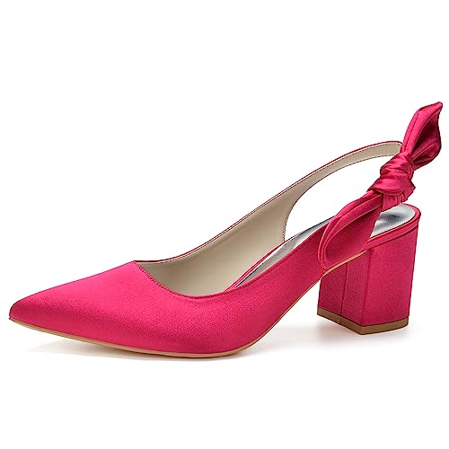 HFWXYSA Frauen Brautschuhe Mit Blockabsatz 6Cm Spitz Zehen Satin Slingback Hochzeitsschuhe,Fuchsia,42 EU von HFWXYSA
