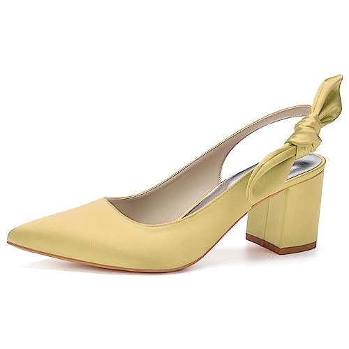 HFWXYSA Frauen Brautschuhe Mit Blockabsatz 6Cm Spitz Zehen Satin Slingback Hochzeitsschuhe,Gold,43 EU von HFWXYSA