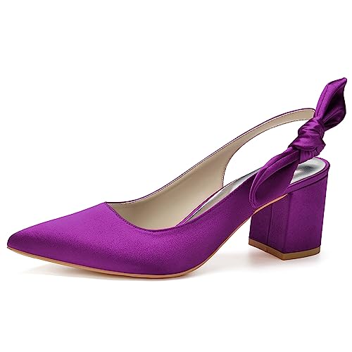 HFWXYSA Frauen Brautschuhe Mit Blockabsatz 6Cm Spitz Zehen Satin Slingback Hochzeitsschuhe,Lila,42 EU von HFWXYSA