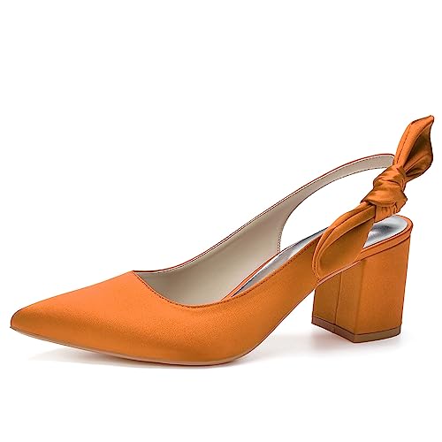 HFWXYSA Frauen Brautschuhe Mit Blockabsatz 6Cm Spitz Zehen Satin Slingback Hochzeitsschuhe,Orange,40 EU von HFWXYSA