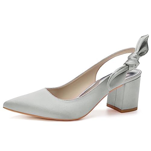 HFWXYSA Frauen Brautschuhe Mit Blockabsatz 6Cm Spitz Zehen Satin Slingback Hochzeitsschuhe,Silber,36 EU von HFWXYSA