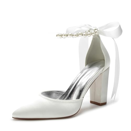 HFWXYSA Frauen Geschlossene Zehen Hochzeitsschuhe Blockabsatz Perlen Knöchelriemen Pumps Satin Elfenbein Brautschuhe,Elfenbein,42 EU von HFWXYSA