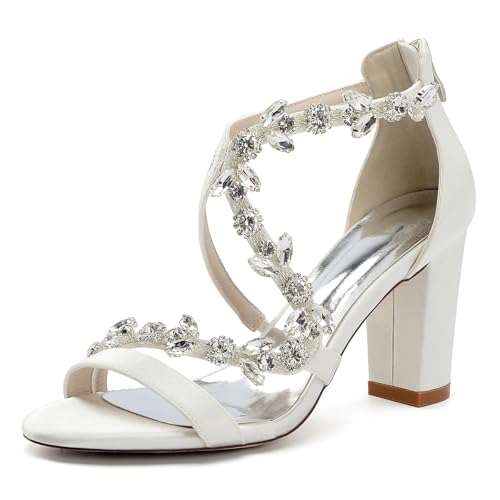 HFWXYSA Frauen Knöchelriemen Brautschuhe Blockabsatz Riemchensandalen Satin Offene Spitze Hochzeit Brautjungfer Schuhe mit Strass,Elfenbein,36 EU von HFWXYSA
