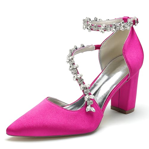 HFWXYSA Frauen Knöchelriemen Hochzeitsschuhe Blockabsatz 8,5 cm Pumps Spitze Zehen Satin Party Brautschuhe mit Strass,Fuchsia,39 EU von HFWXYSA