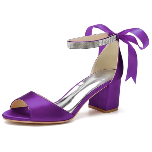 HFWXYSA Frauen Peep Toe Brautschuhe Satin Blockabsatz Abendschuhe Knöchelriemen Partei Hochzeitsschuhe Sandalen,Dark purple,36 EU von HFWXYSA