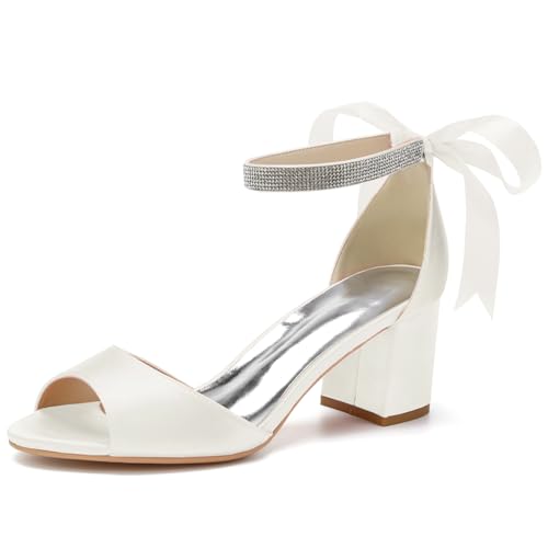 HFWXYSA Frauen Peep Toe Brautschuhe Satin Blockabsatz Abendschuhe Knöchelriemen Partei Hochzeitsschuhe Sandalen,Elfenbein,36 EU von HFWXYSA