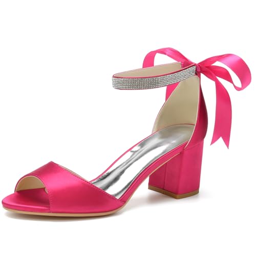 HFWXYSA Frauen Peep Toe Brautschuhe Satin Blockabsatz Abendschuhe Knöchelriemen Partei Hochzeitsschuhe Sandalen,Fuchsia,41 EU von HFWXYSA