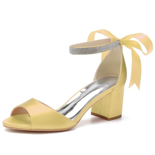 HFWXYSA Frauen Peep Toe Brautschuhe Satin Blockabsatz Abendschuhe Knöchelriemen Partei Hochzeitsschuhe Sandalen,Gold,40 EU von HFWXYSA