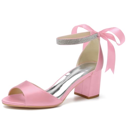 HFWXYSA Frauen Peep Toe Brautschuhe Satin Blockabsatz Abendschuhe Knöchelriemen Partei Hochzeitsschuhe Sandalen,Rosa,39 EU von HFWXYSA