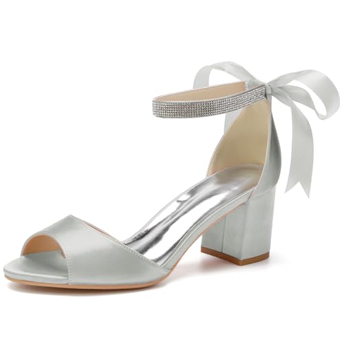 HFWXYSA Frauen Peep Toe Brautschuhe Satin Blockabsatz Abendschuhe Knöchelriemen Partei Hochzeitsschuhe Sandalen,Silber,39 EU von HFWXYSA