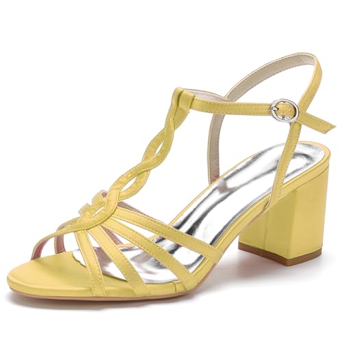 HFWXYSA Frauen Peep Zehen Slingback Pumps T-Riemen Blockabsatz Satin Kleid Hochzeit Brautschuhe Sandalen,Gold,39 EU von HFWXYSA