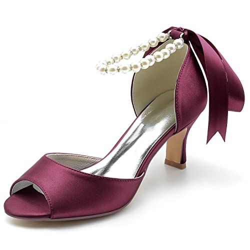 HFWXYSA Frauen Peeptoe Braut Sandalen Elfenbein Satin Perlen Knöchelriemen Party Hochzeitsschuhe Hoher Absatz Braut Abend Sandalen,Burgundy,40 EU von HFWXYSA