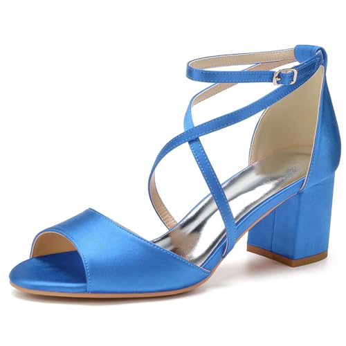 HFWXYSA Frauen Peeptoe Riemchensandalen Blockabsatz Satin Elfenbein Party Abend Prom Hochzeit Brautschuhe,Blau,39 EU von HFWXYSA