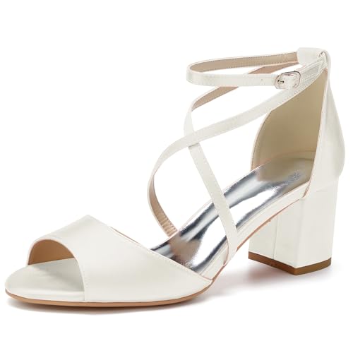 HFWXYSA Frauen Peeptoe Riemchensandalen Blockabsatz Satin Elfenbein Party Abend Prom Hochzeit Brautschuhe,Elfenbein,37 EU von HFWXYSA
