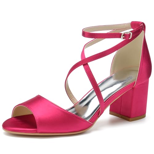 HFWXYSA Frauen Peeptoe Riemchensandalen Blockabsatz Satin Elfenbein Party Abend Prom Hochzeit Brautschuhe,Fuchsia,39 EU von HFWXYSA