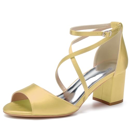 HFWXYSA Frauen Peeptoe Riemchensandalen Blockabsatz Satin Elfenbein Party Abend Prom Hochzeit Brautschuhe,Gold,36 EU von HFWXYSA