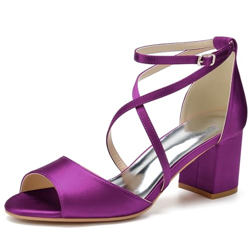 HFWXYSA Frauen Peeptoe Riemchensandalen Blockabsatz Satin Elfenbein Party Abend Prom Hochzeit Brautschuhe,Lila,39 EU von HFWXYSA