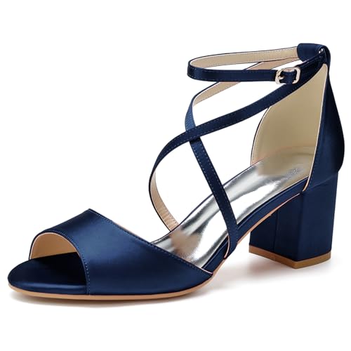 HFWXYSA Frauen Peeptoe Riemchensandalen Blockabsatz Satin Elfenbein Party Abend Prom Hochzeit Brautschuhe,Marine,42 EU von HFWXYSA