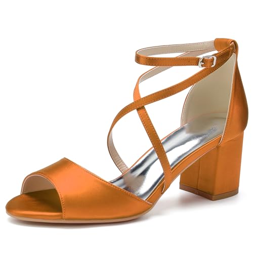 HFWXYSA Frauen Peeptoe Riemchensandalen Blockabsatz Satin Elfenbein Party Abend Prom Hochzeit Brautschuhe,Orange,36 EU von HFWXYSA