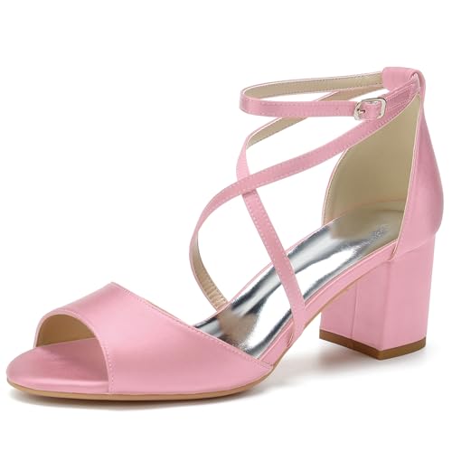 HFWXYSA Frauen Peeptoe Riemchensandalen Blockabsatz Satin Elfenbein Party Abend Prom Hochzeit Brautschuhe,Rosa,42 EU von HFWXYSA