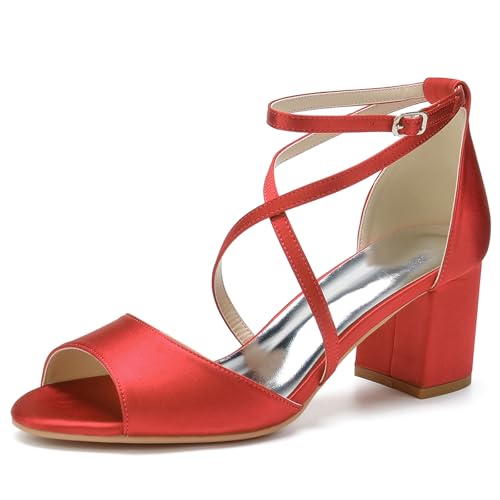 HFWXYSA Frauen Peeptoe Riemchensandalen Blockabsatz Satin Elfenbein Party Abend Prom Hochzeit Brautschuhe,Rot,42 EU von HFWXYSA